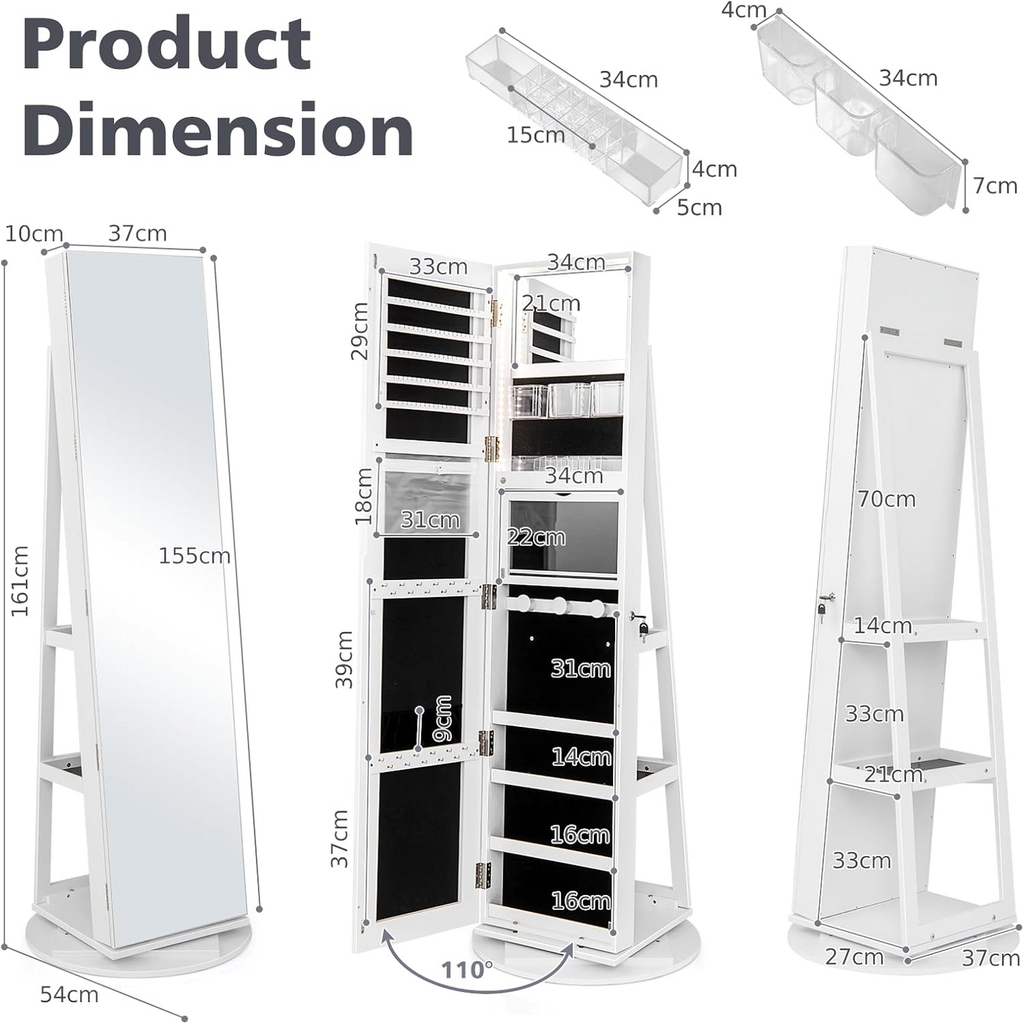 360° Rotating Jewelry Cabinet with Full-Length Mirror & LED Lights