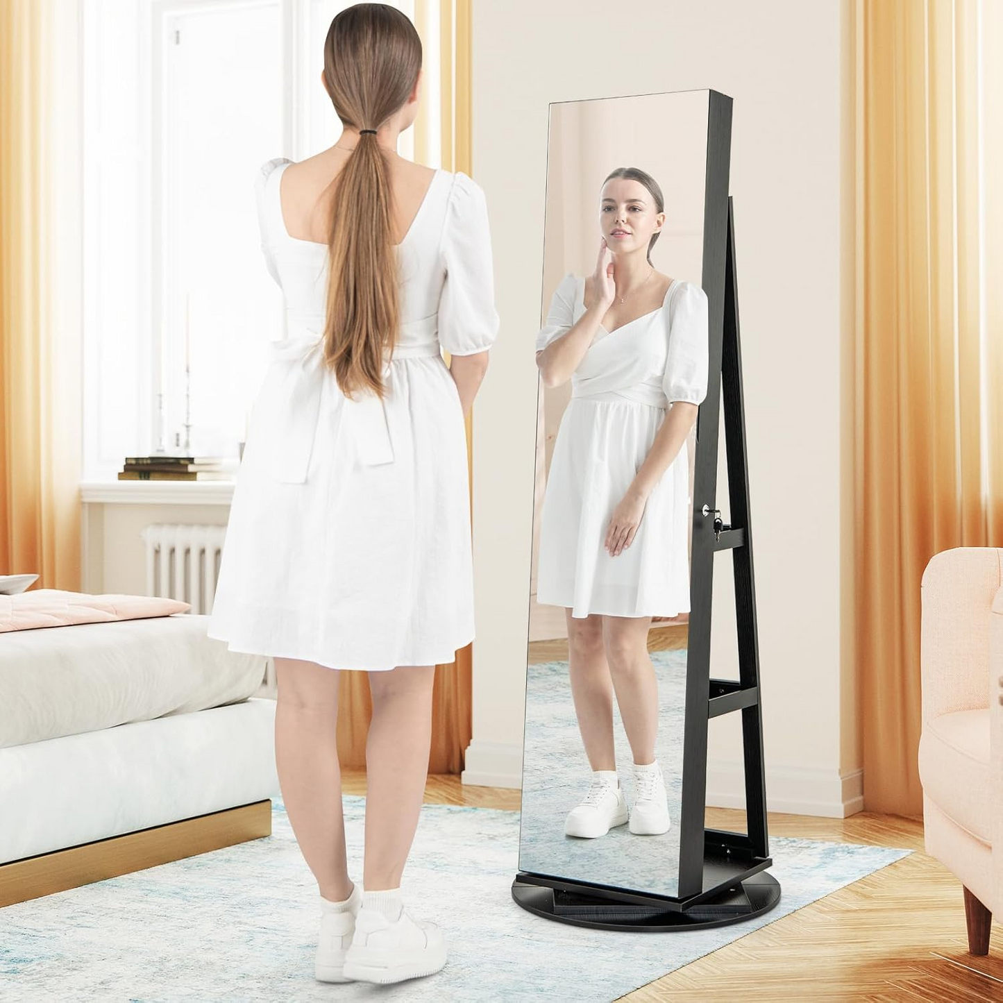 360° Rotating Jewelry Cabinet with Full-Length Mirror & LED Lights