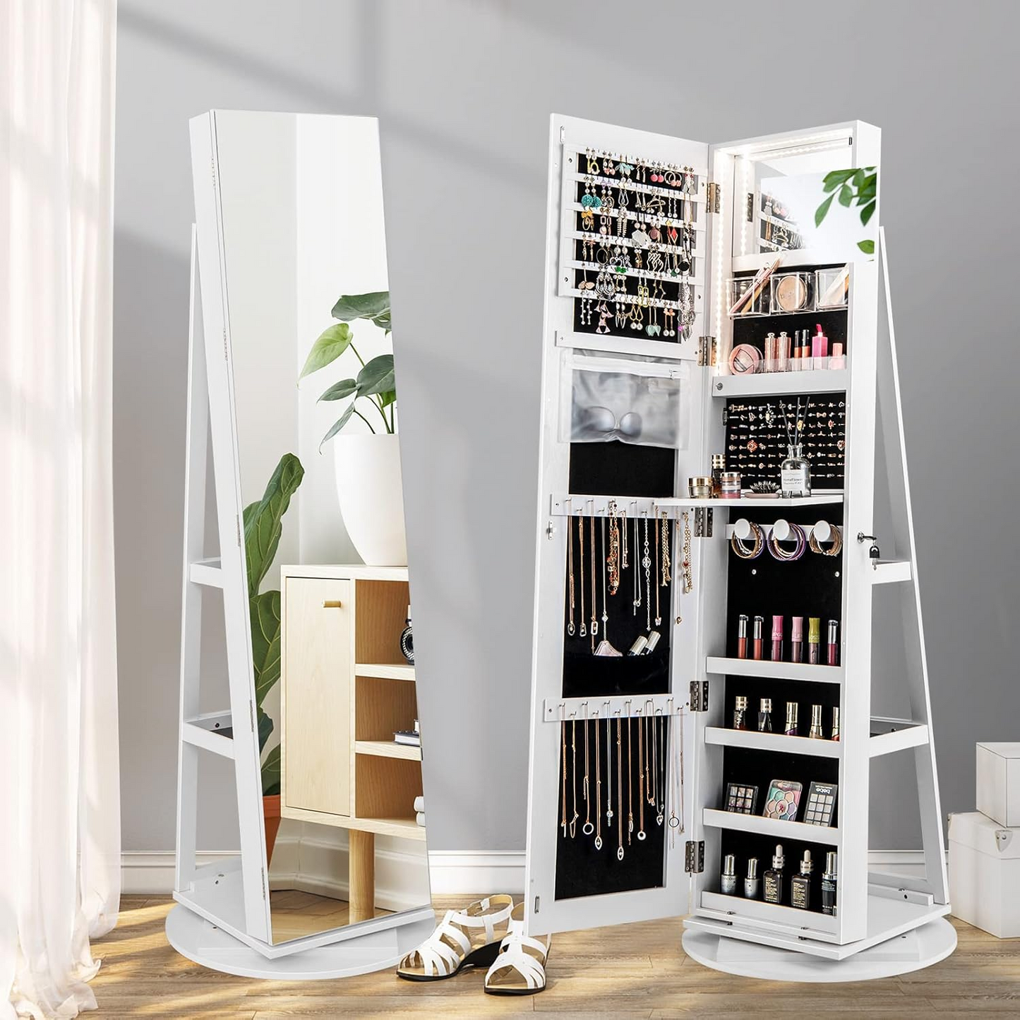 360° Rotating Jewelry Cabinet with Full-Length Mirror & LED Lights