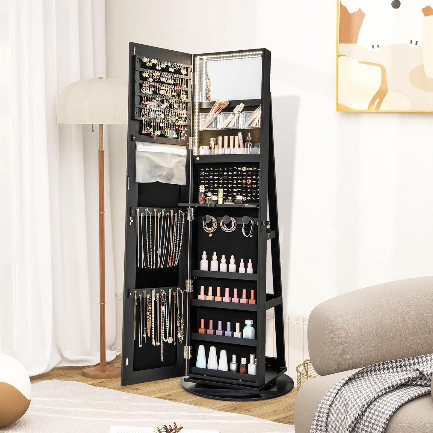 360° Rotating Jewelry Cabinet with Full-Length Mirror & LED Lights