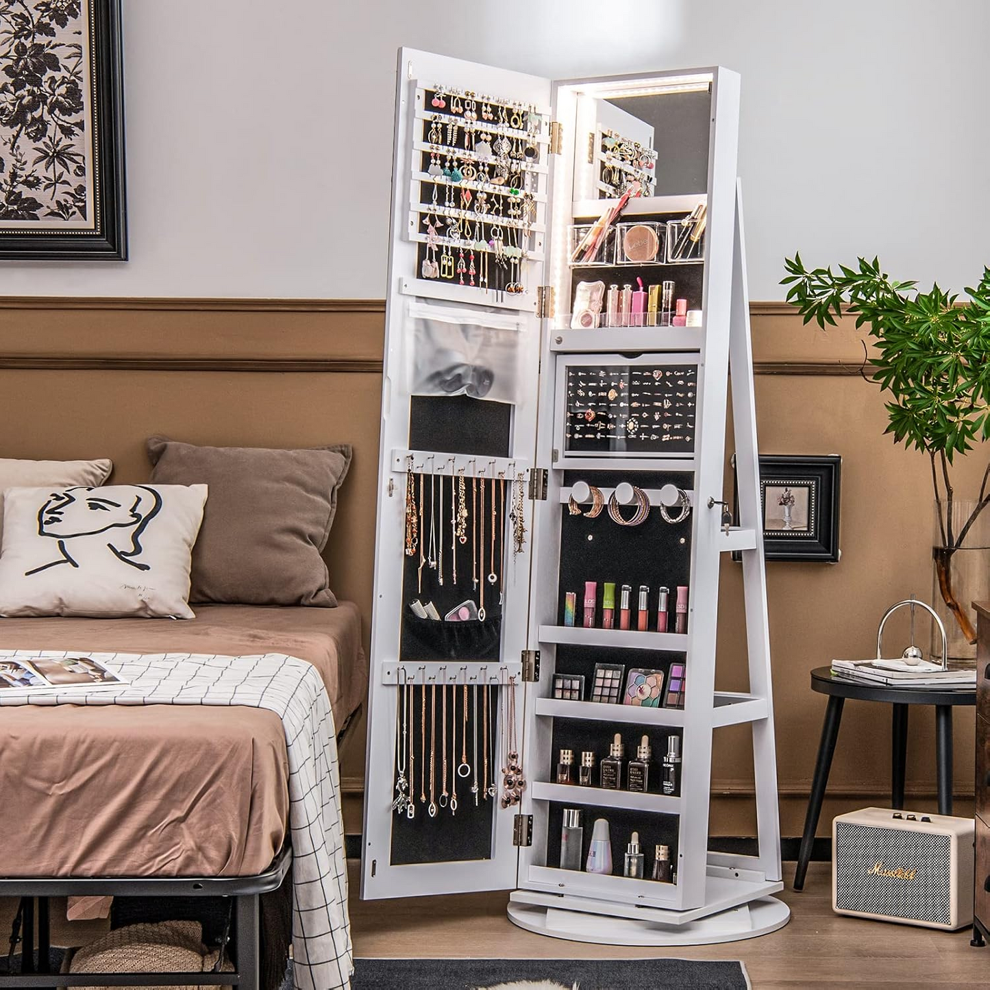 360° Rotating Jewelry Cabinet with Full-Length Mirror & LED Lights